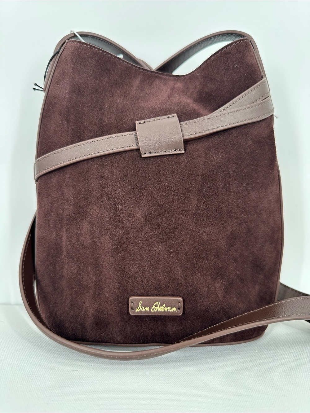 NWT Sam Edelman Cowhide Leather Suede Crossbody Chocolate Brown Bucket Tote Bag - Picture 3 of 16